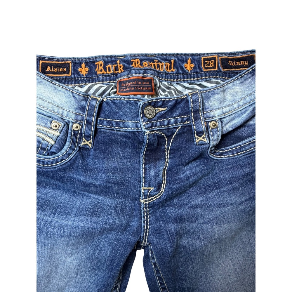 Rock Revival Alaina Skinny Jeans Women's 28 L31 Blue Distressed Fleur-de-Lis - Picture 5 of 5